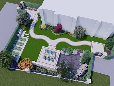 新中式景观别墅庭院 私家庭院 花园设计 假山鱼池 锈板景墙 庭院门