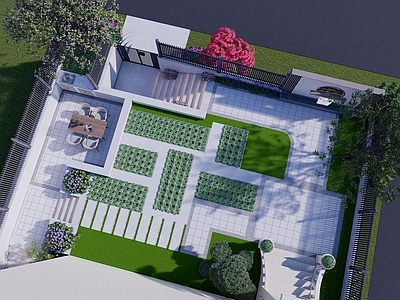 现代简约别墅庭院 花园设计 私家庭院 院子 铝艺栏杆 流水景墙