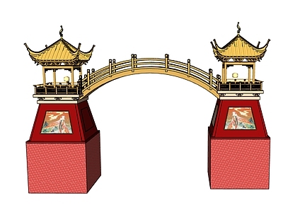 新中式塔楼 廊桥门楼 仿古建筑 宝塔廊桥