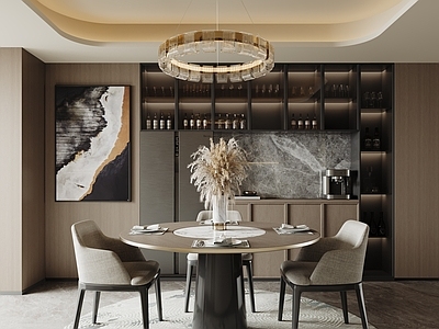 现代轻奢圆桌餐厅 现代轻奢餐厅 餐桌椅 玻璃酒柜