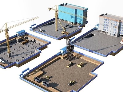 现代主义简模规划 现代建筑工地  工地机械 塔吊