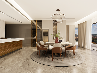 现代简约客餐厅 开放式餐厅 轻奢意式餐厅 圆形餐桌 开放式吧台