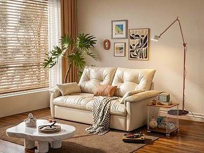 奶油法式多人沙发 豆腐块沙发