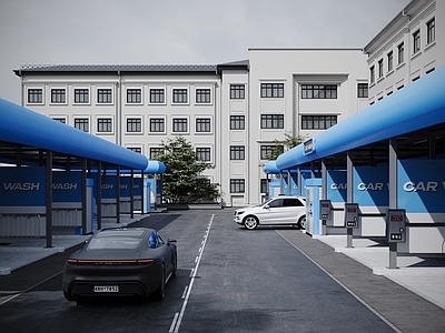 现代简约户外停车场 现代自助洗车 自助洗车棚 洗车店