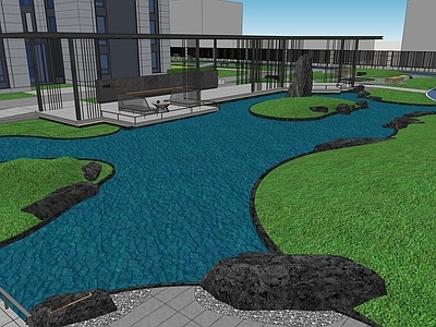 新中式景观办公园区景观 住宅水景 小区水景 廊架景观