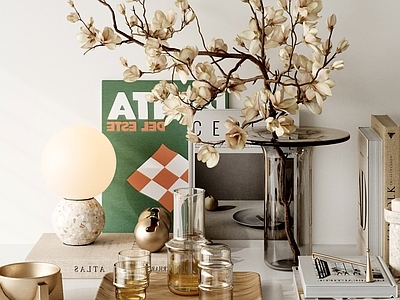 现代摆件组合 装饰摆件组合 花艺摆件 书籍杂志 玻璃水杯 饰品摆件