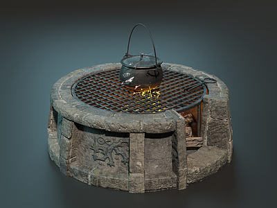 复古灶台 中世纪火炉 复古烤炉 烤架 火堆 石头围炉