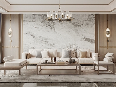 新中式家居客厅 宋式客厅 沙发茶几组合 沙发背景墙 宋式吊灯