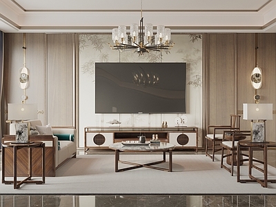新中式家居客厅 宋式客厅 沙发茶几组合 电视背景墙 宋式吊灯