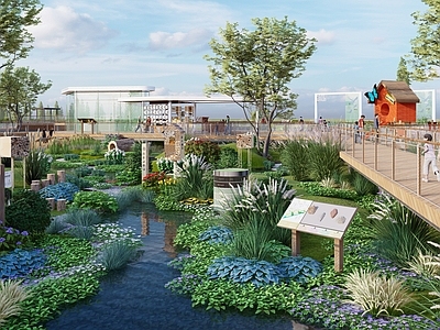 现代生态景观生态湿地 生态湿地花园 雨水花园 湿地活动装置 湿地木栈道 花园驿站