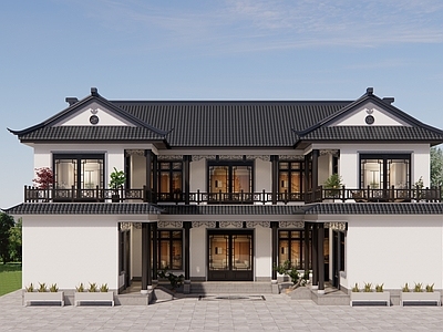 新中式四合院 中式别墅 两层自建房 三合院