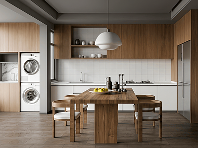 原木风开放式厨房 现代餐桌椅 现代餐厅