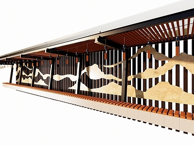 新中式公交站台 新中式廊架  片岩山水格栅景墙  单臂悬挑廊架