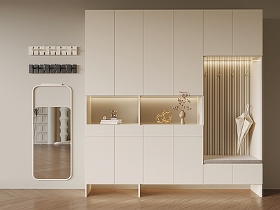 奶油风玄关 鞋柜 镜子 挂钩