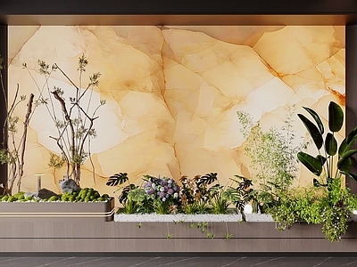 新中式花境 花池 植物造景 植物堆 室内景观 枯木绿植