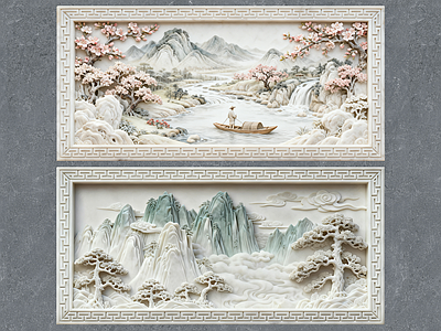 新中式浮雕 2D浮雕图案 汉白玉浮雕 山水画 石材雕花 景墙照壁