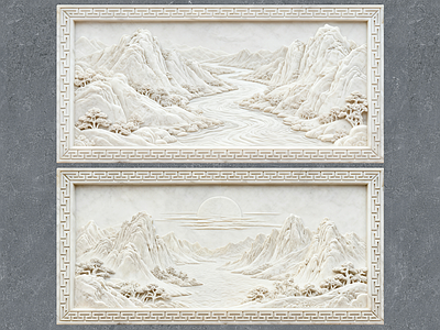 新中式浮雕 2D浮雕图案 山水画 风景画 汉白玉浮雕 景墙照壁