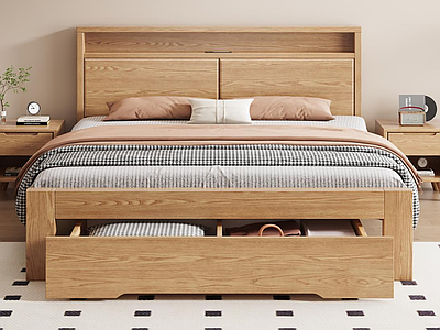 原木风双人床 白蜡木床 实木软包床w 卧室 北欧