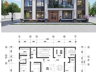 新中式别墅建筑 带SU模型 三层农村自建房平 施工图