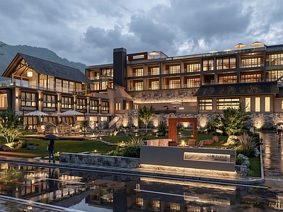 新中式民宿建筑 民宿建筑 建筑景观 建筑庭院