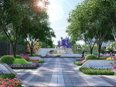 现代简约小区景观 现代小区轴线景观 现代景墙 非对接中轴景观 梯形景墙