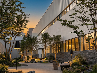 新中式景观办公园区景观 办公园区景观 禅意诧寂宅间景观 原木座凳 景石组合 医院疗养景观