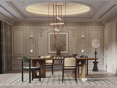 新古典混搭家居餐厅 法式中古风餐厅 石膏线 餐厅背景墙 长条餐桌椅 吊灯落地灯