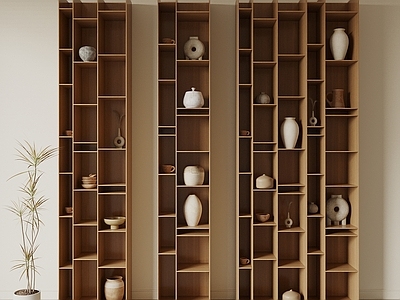 原木风博古架 中古侘寂风博古架 置物架 宋式博古架 陶瓷器皿 装饰品摆件