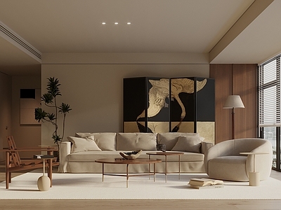 奶油风家居客厅 宋式新中风客厅 沙发茶几组合 屏风隔断 落地灯 休闲椅