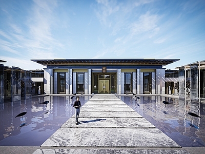 新中式售楼处建筑 现代中式会所 售楼处 入口大堂 酒店式大堂