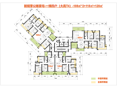 高层住宅 T4户型 一梯四户户型 大平层户型 边厅全景舱户型 变异户型 施工图