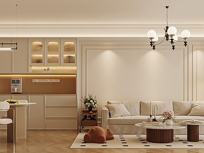 奶油风家居客厅 法式奶油风客餐厅 现代奶油风客厅 沙发茶几落地的 餐桌餐椅