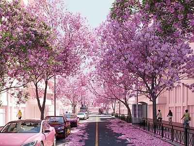梦幻粉色系风格街道 樱花树 樱花街  花树 开花树