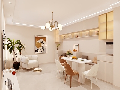 奶油风客餐厅 奶油客餐厅 奶油卧室 卡座组合 厨房