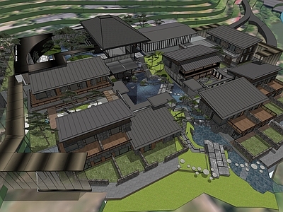 新中式民宿建筑 院落式民宿 跌水景观 自然山水 公园式商业 高端会所