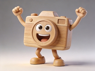 原木风雕塑摆件 木雕 摆件 AI渲染 卡通 照相机