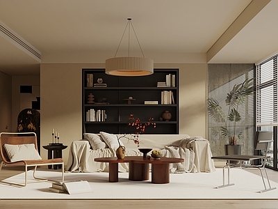 中古风家居客厅 中古侘寂风客厅 沙发茶几组合 装饰柜 玄关柜 吊灯