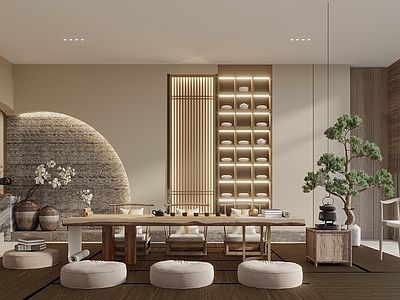 新中式茶室 宋式茶室 新中式茶室 茶桌椅组合 茶台 绿植