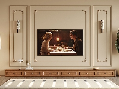 奶油风电视背景墙 中古风电视背景墙 电视柜 落地灯