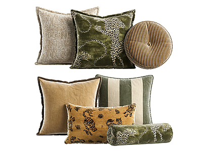 复古枕头 轻奢复古丝绒枕头 新中式条纹靠枕 圆形枕头 绿色复古豹子抱枕 长条枕头