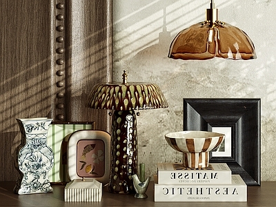 中古风摆件组合 装饰摆件组合 中古台灯 陶瓷花瓶 书籍杂志d 玻璃吊灯