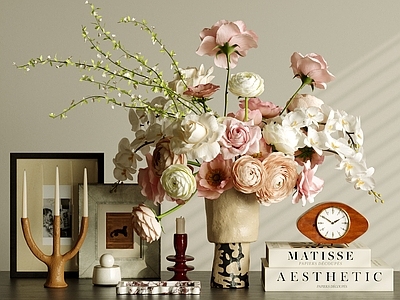 中古风摆件组合 法式装饰摆件组合 花艺摆件 陶罐花瓶 挂画书籍 法式鲜花花卉