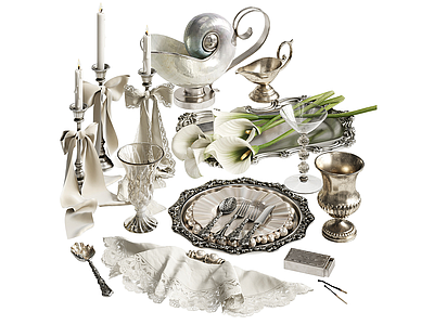 中古风餐具 厨房桌面装饰 贝壳水壶金属托盘 珍珠盘刀叉杯子 火柴蕾丝餐巾 带蝴蝶结的烛台