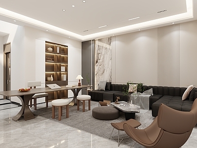 现代简约黑白灰客厅 现代轻奢客餐厅 意式极简 多功能书房 轻奢餐厅 无主灯设计