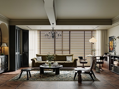 中古风家居客厅 法式中古风客厅 中古混搭 usm边柜 法式斗柜 百叶帘
