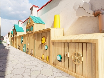 自然原木风教育校园景观 幼儿园设计 小火车收纳柜 种植池 工具房 洗手池