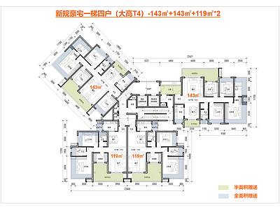 高层住宅 一梯四户户型 新规豪宅户型 边厅全景舱户型 T4户型 施工图