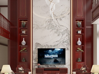 新中式挑空客厅 楼梯柱 中式摆件 中式背景墙 吊灯 挑空客厅