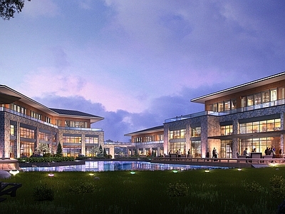 现代主义酒店外观 新中式酒店 酒店 精模带材质灯光