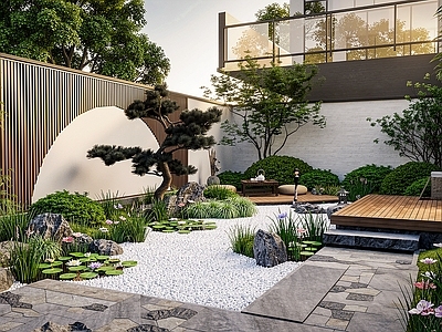 新中式景观别墅庭院 小庭院 别墅庭院 日式禅院 日式小庭院 别墅